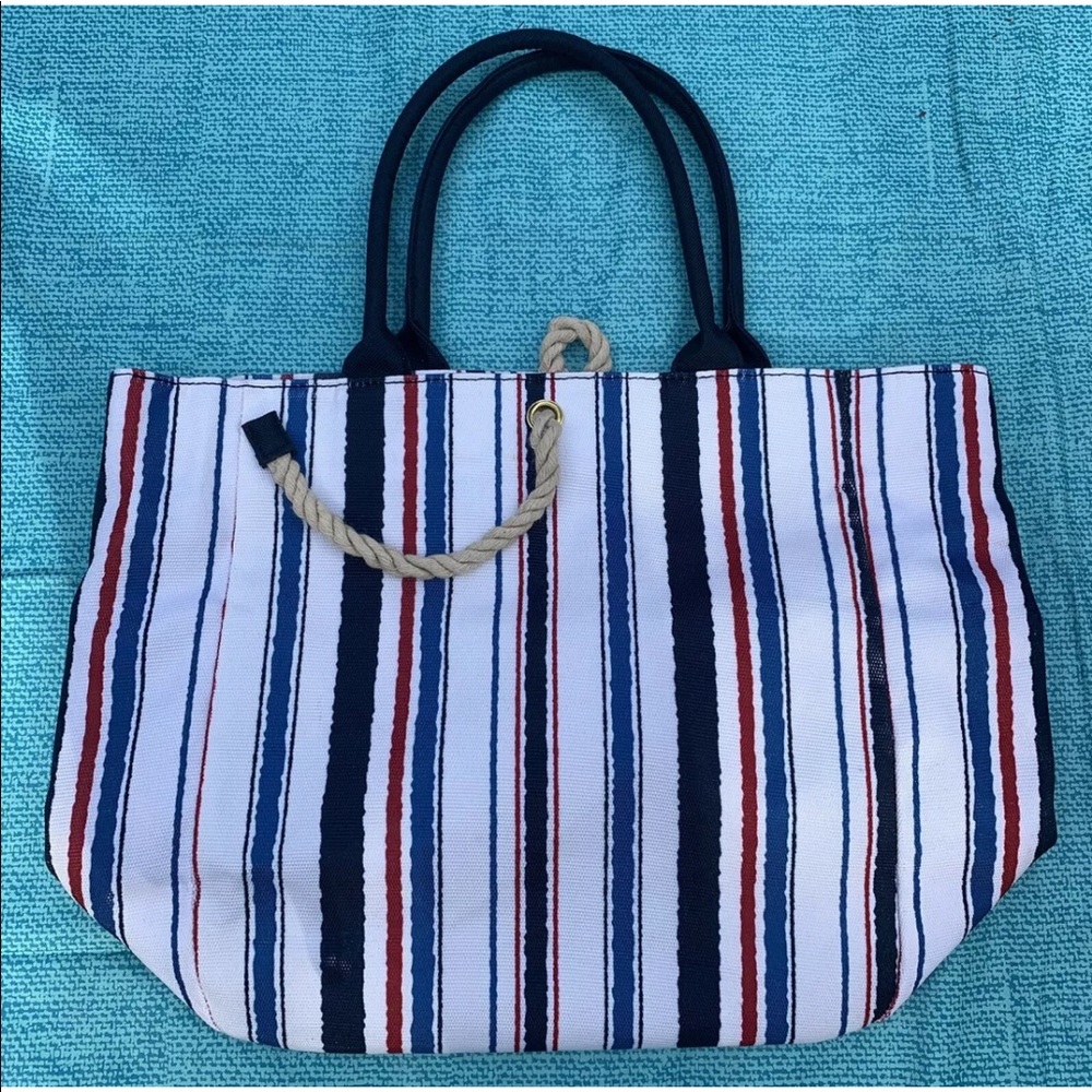 Unbranded Multi Colored Striped Tote Bag Red Interior Black Handles Casual